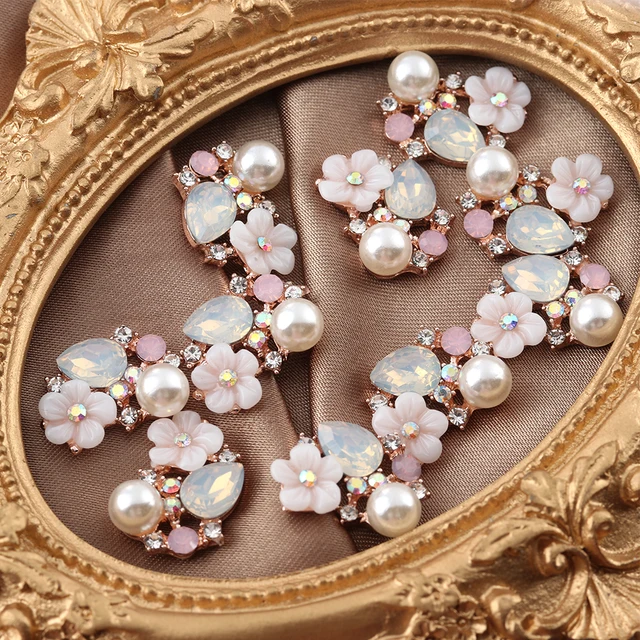 10 Bottoni Fiore Strass Con Perle - Per Decorazione Abiti E Accessori Fai Da Te (27mm)
