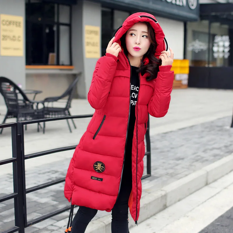 2017 New Fashion Winter Women Coat Lady Cotton Jackets Badge Patch Slim Long Overcoat Casual Parkas