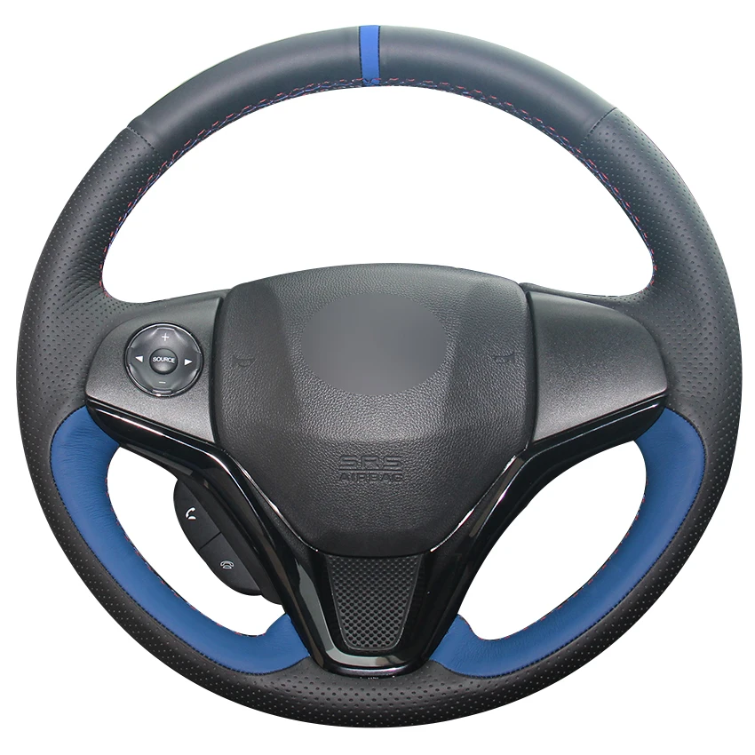 Black Blue Natural Leather Blue Marker Steering Wheel Cover for Honda New Fit City Jazz 2014