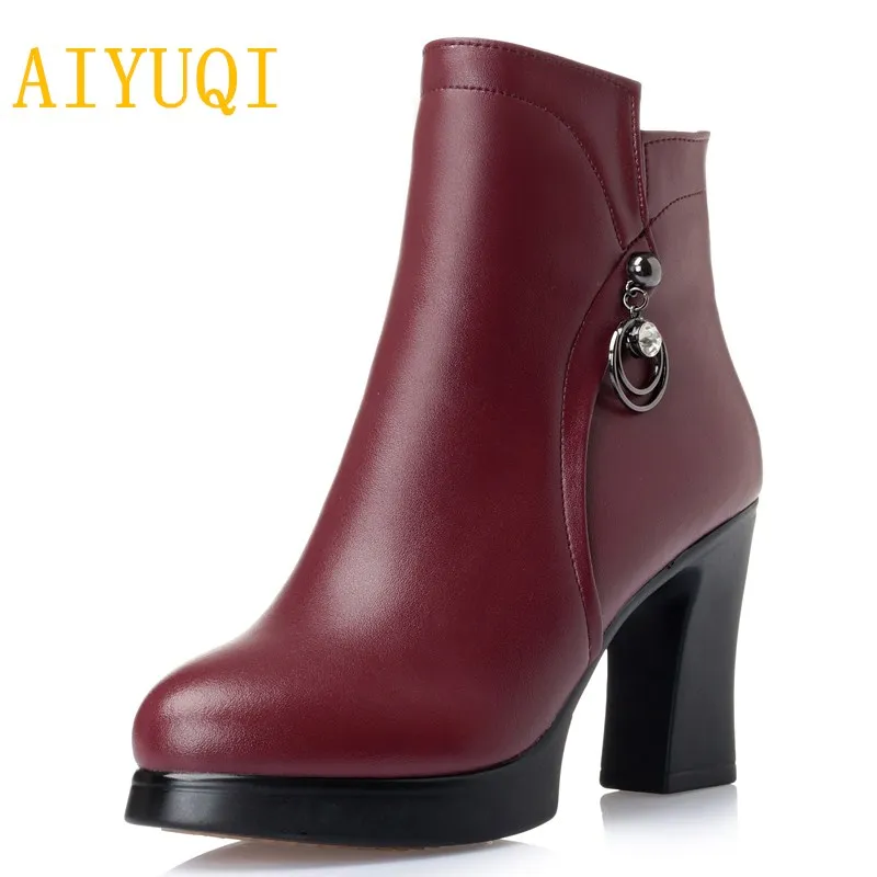AIYUQI 2018 new genuine leather women's snow boots. warm wool fashion red Martin boots. female size 41 42 43 wedding boot women Women's Shoes