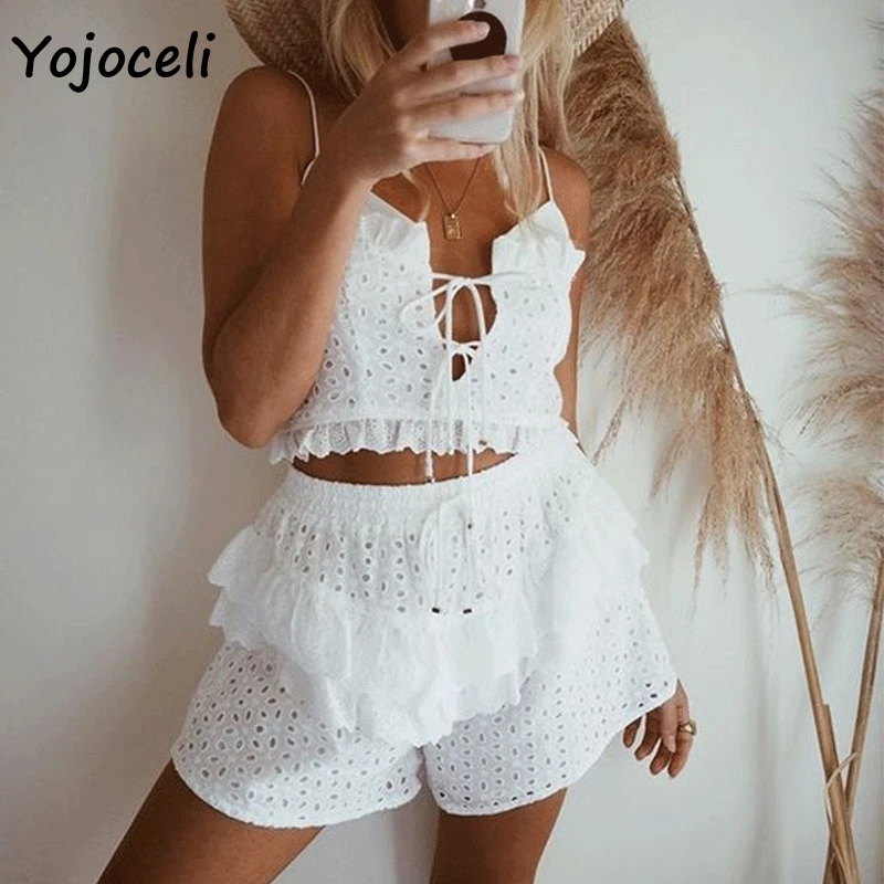 

Yojoceli 2019 summer ruffle jumpsuit romper white cotton embroidery two piece set romper boho beach lace rompers playsuit