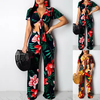 

Sexy Women Ladies V-Neck Clubwear Print Clothes Set Crop Tops Long Pants Party Trousers