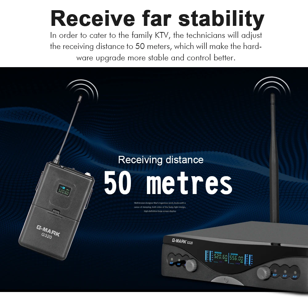 G-MARK UHF Wireless Microphone System G320 Long Range Dual Channel 2 Handheld Mic Transmitter Professional Karaoke Top Quality