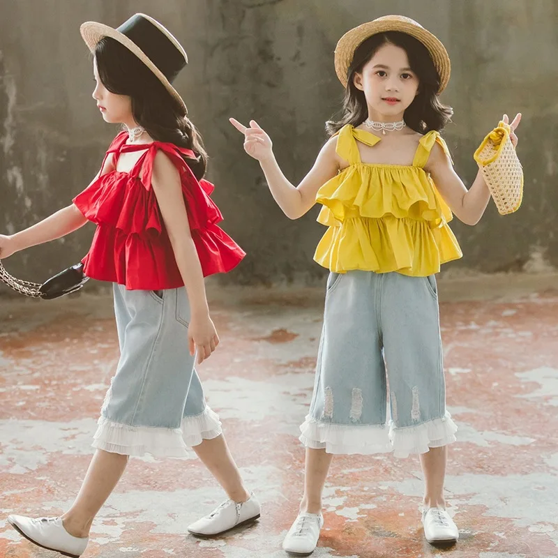 

Fashion Teen Girls Clothes 2019 Summer Toddler T-shirt+Denim Pants Suits Outfits Children Clothing Set Putty Tutu Tops 2PCS