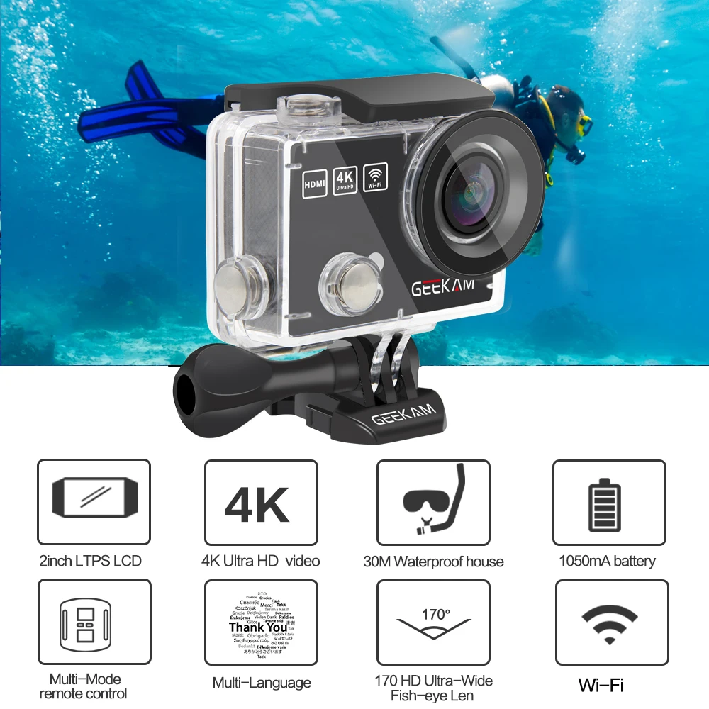 Экшн камера GEEKAM H2R/H2 ультратонкая HD 4K/25fps Wi Fi 2 0 дюйма 170D|Экшн-камеры| |