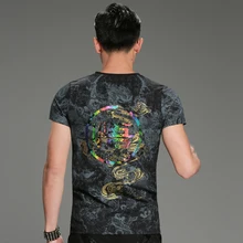 2017 New Luxury Men’s Slim Fashion Chinoiserie Male Tops Tees Short Sleeve Stretch Print Black T-shirts Summer Clothing M-4XL