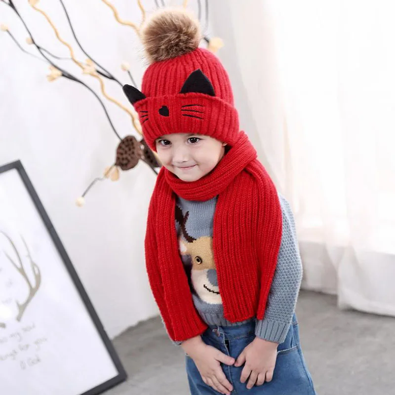 Cartoon cat hairball beanies sets velvet wool kids Child Knitted fur hats winter fur inside 2 pcs baby girl scarf hat set