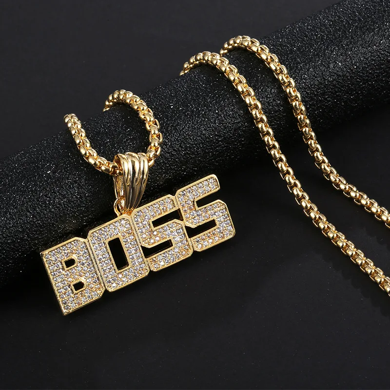 

New Personality Bar Crystal Letter "Boss" Gold Necklace For Men Women Fashion Hip Hop Punk Rhinestone Jewelry Necklace Gift