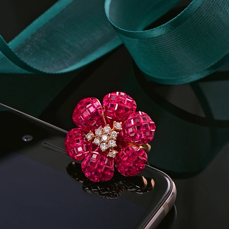 CAIMAO High Jewelry Invisible Setting 10ct Natural Ruby and 0.38ct Brilliant Cut Diamond 18kt Au750 Rose Gold Ring