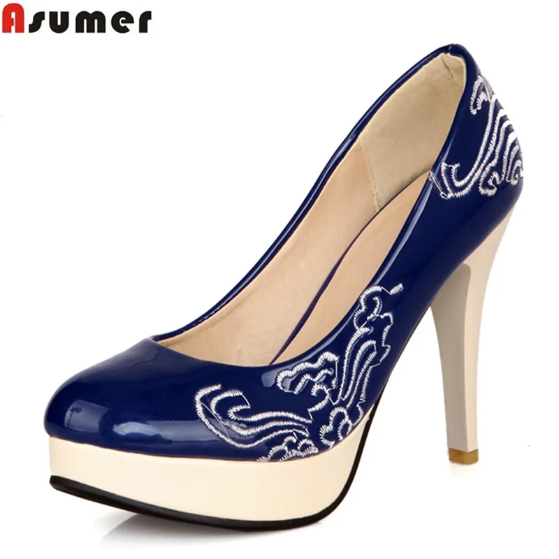 

super large size 30-48 pu women pumps thin heels round toe slip-on mature party shoes woman flower high heel platform shoes