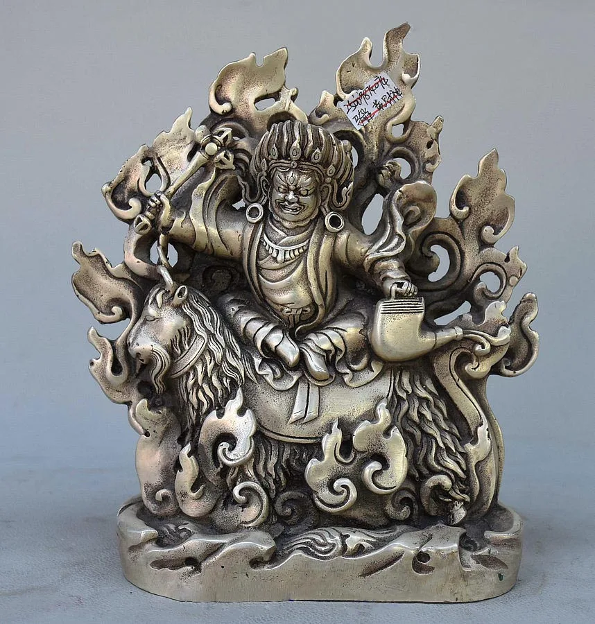 

Tibet Buddhism Silver black blacksmith Protector Deity Ride Sheep Buddha Statue