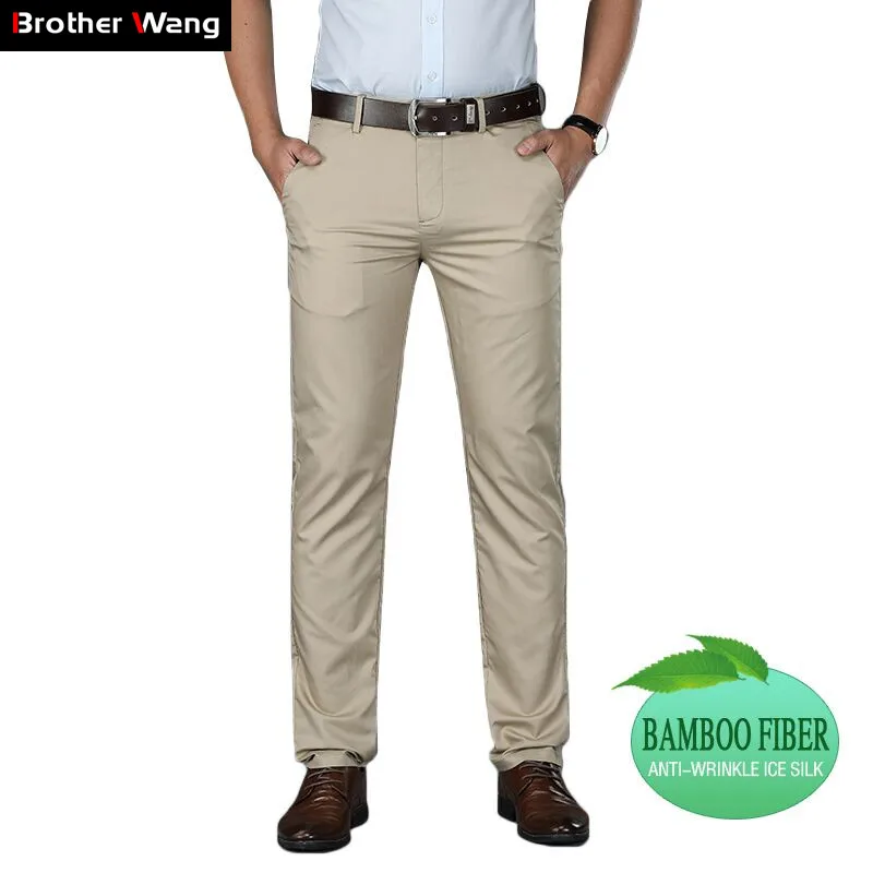 2019 été nouveaux hommes mince pantalons décontractés Business mode solide couleur bambou Fiber glace soie haute qualité pantalon marque vêtements