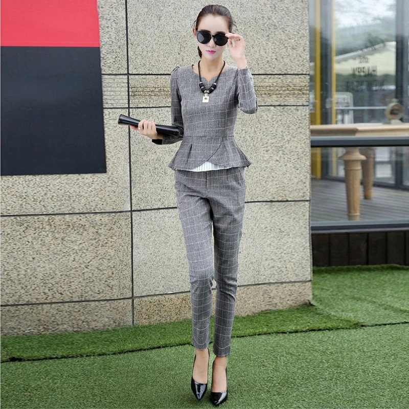 

New Arrival Fashion Design Formal Office Blazer Pants Suit Plaid Pattern 2 Pieces Set Female Plus Size XXXL Autumn 2018