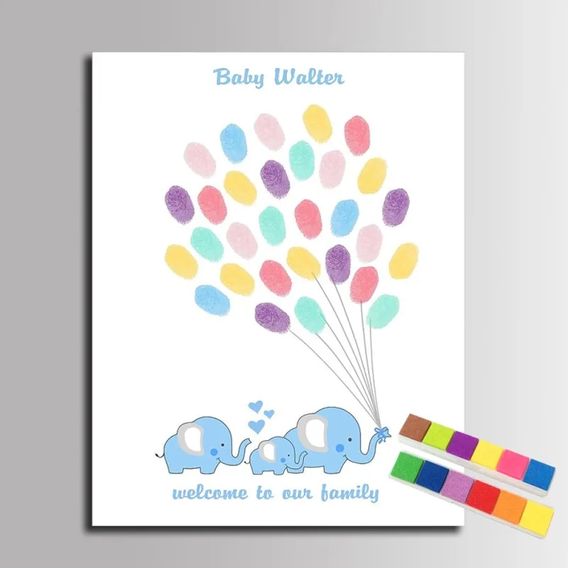 Отпечаток пальцев Подпись Холст Картина слон семья с воздушными шарами гость книга Baby Shower украшения