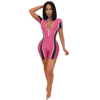 

Wantmove 2019 new summer women jumpsuit sexy contrast stripe splicing v-neck short sleeve slim office lady short jumpsuit JZ542