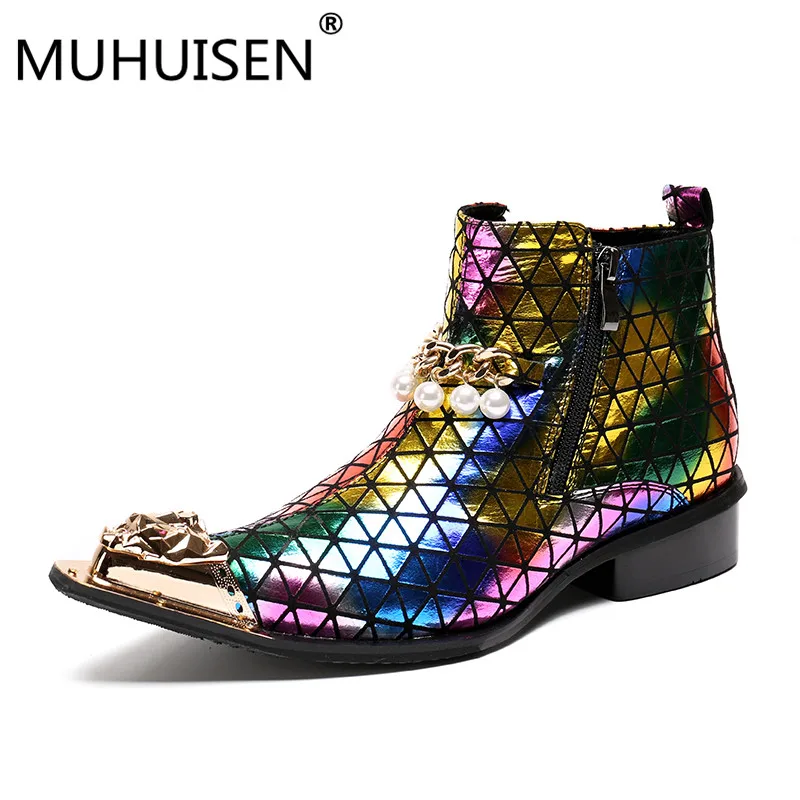 

2018 New Punk Genuine Leather Men Ankle Boots Pointed Toe Mens Military Cowboy Boots High Top Wedding Dress Men boots