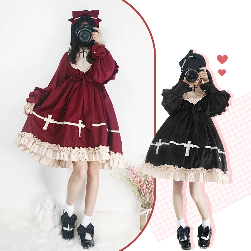 

Gothic Sweetheart Doll Black Dress Ruffles Lace Cross Patchwork Woman Party Night Elegant dresses Kawaii Cotton Lolita Dress