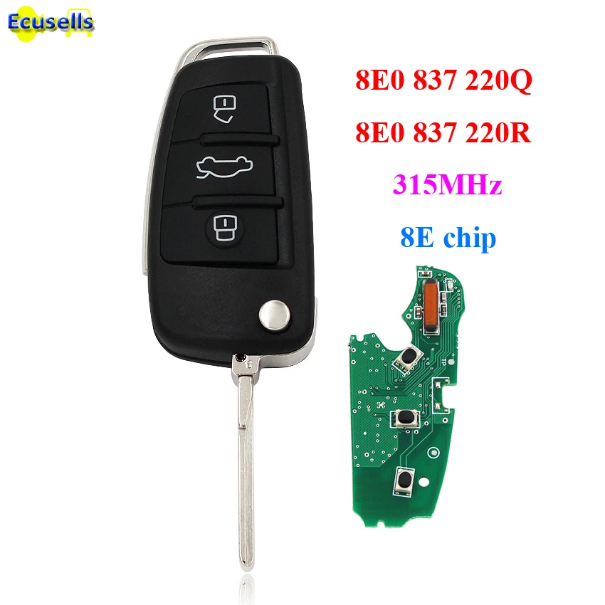 

8E0837220Q Keyless Entry Folding flip smart Remote Key fob 3 button 315MHz 8E Chip for Audi A6L 8E0 837 220 Q 8E0 837 220 R