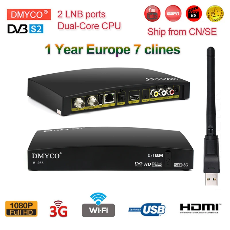 

DMYCO DVB-S2 satellite tv decoder lnb Full HD 1080P TV Tuner H.265 receptor with usb wifi europe 1 year spain channel Biss key