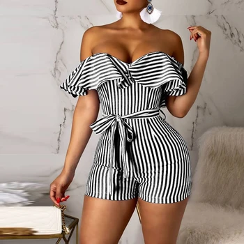 

Ruffles Slash Neck Beach Playsuits Summer Women Striped Jumpsuits Girls Sexy Casual Playsuit Overalls with Belts Femininos