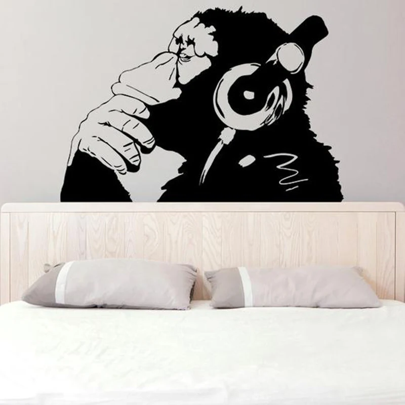 

Banksy Vinyl Wall Decal Monkey With Headphones Chimp Listening to Music In Earphones Street Graffiti Sticker Mural Poster C12