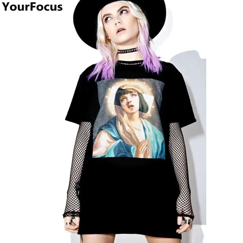 

Harajuku darkness spoof pulp fiction printed pattern cotton basic loose women female short sleeve tshirts YQ-305