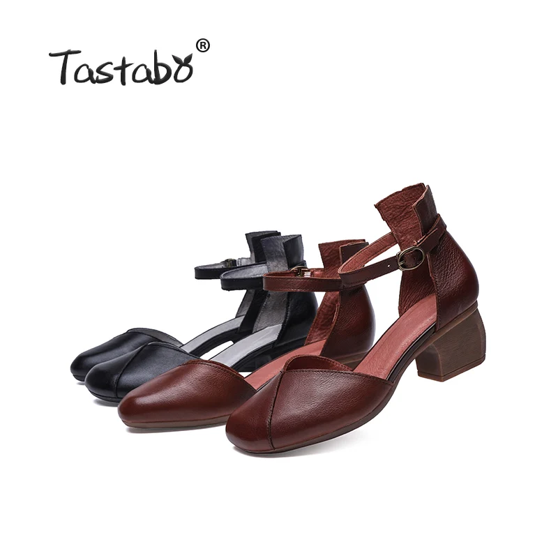 Tastabo натуральная кожа Для женщин обувь с ремнем и пряжкой высокий каблук дизайн простой Повседневный стиль; цвет коричневый, черный S19051 высокого туфли на каблуке