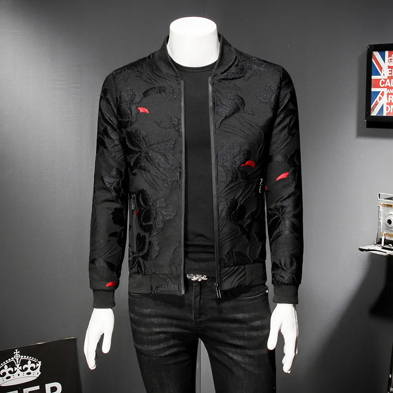 

2019 Puff Jacquard Black Bomber Jacket Men Spring Autumn Men Casual Jacket Coat Flower Slim Fit Pattern Bomber Jacket Men 5xl