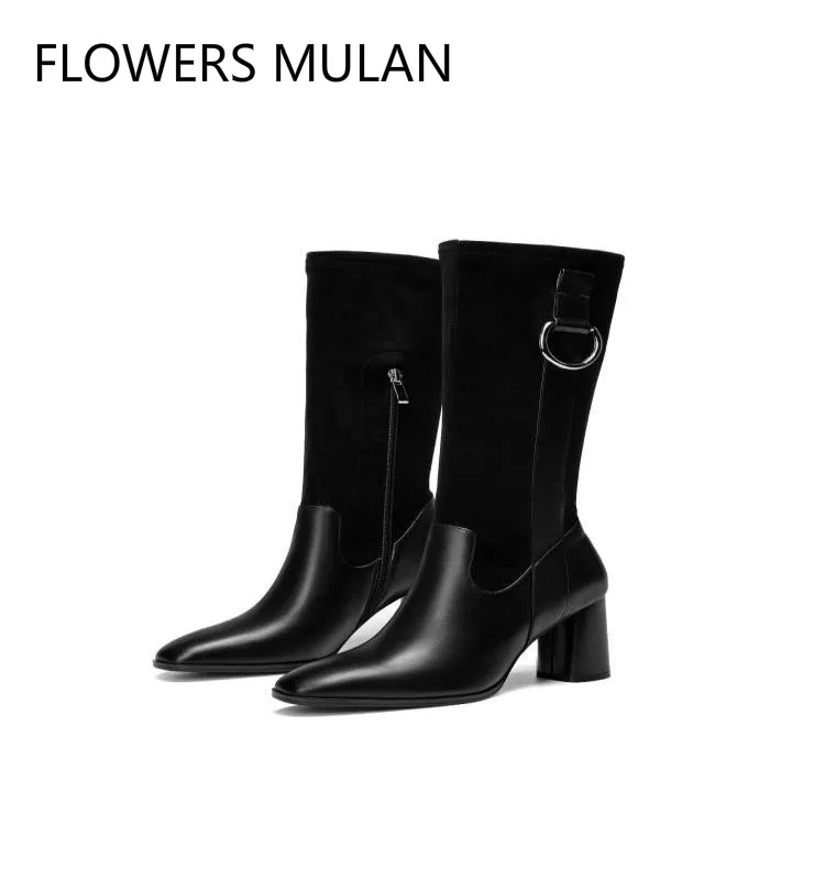 

Patchwork Black Suede Real Leather Boots Woman Chic Pointed Toe Side Zip Middle Chunky Heel Ladies Booties With Metal Buckle