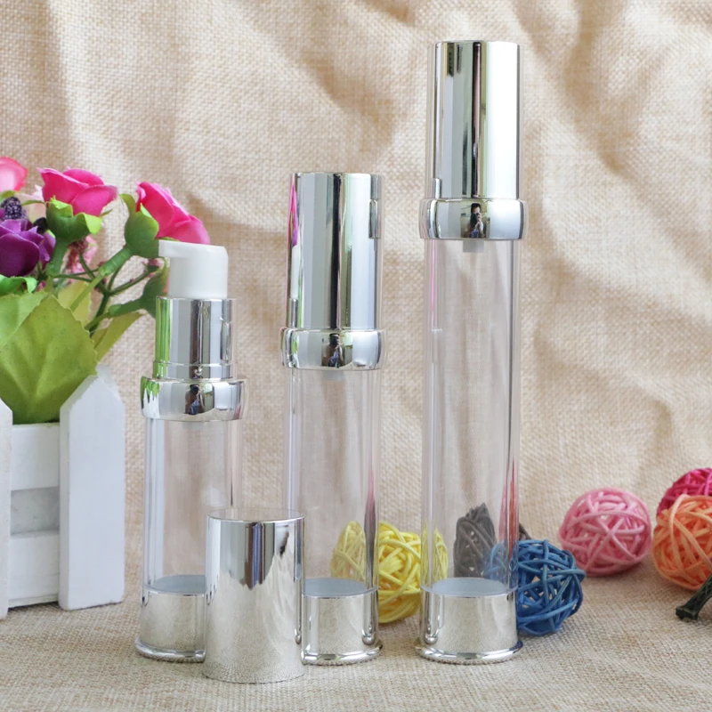 

15ml 20ml 30ml Empty Silver Refillable Bottles Airless Pump Dispenser Packaging Containers for Makeup Liquid Lotion 10pcs/lot