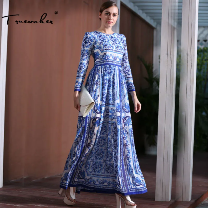 

Truevoker Designer Maxi Dress Women's High Quality Long Sleeve Vintage Blue And White Porcelain Printed Long Dress 2 Length
