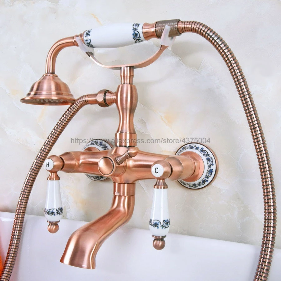 Antique Red Copper Bathroom Clawfoot Bath Tub Faucet Mixer Tap Ceramic Handle Hand Shower Head Nna330