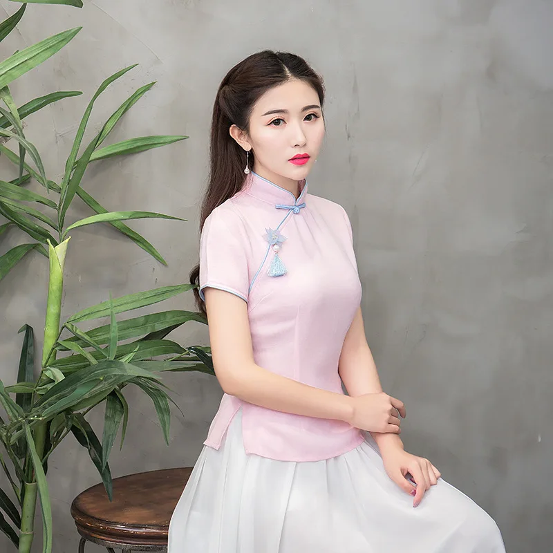 Light Temperamento rosado Tang Madre Tradicional Camisa Novia M Elegante Tamaño Mandarín verde Manga Chino xxl Blusa Blue Top Collar Verano Corta P Uzw1dqU