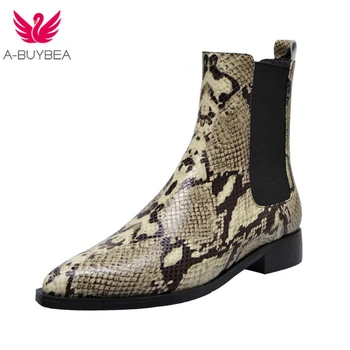 Snake Skin Cow Leather Short Boots Pointy Toe Runway Style Ankle Boots For Women Low Heel Knight Boot Women Chelsea Boots jawakye retro fall winter newest snake skin short boots high heels square toe runway style ankle boots for women shoes