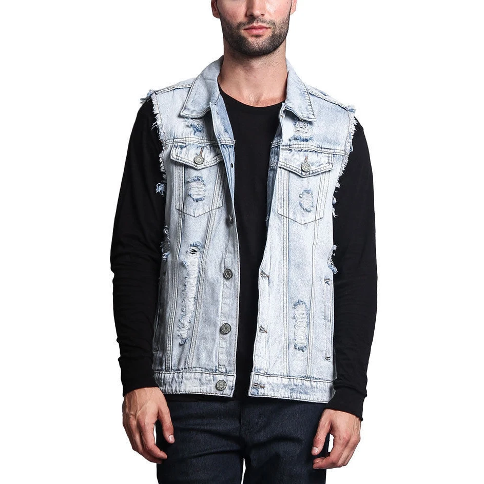 Небесно-голубой MORUANCLE Марка NEW Fashion Hi Street Для мужчин из рваного Джинса Куртки без рукавов с дырочками модные рваные джинсовые жилеты для мальчиков рваные жилет - Цвет: Небесно-голубой