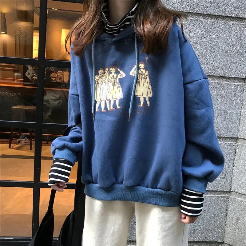 

Sudadera Mujer Autumn Winter Womens Long Sleeve Hooded Sweatshirt Korean Ulzzang Harajuku Fake 2 Piece Fleece Hoodie Female Coat