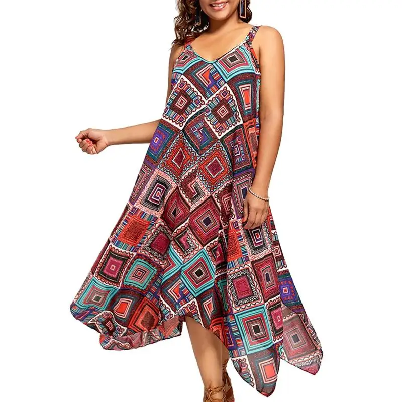

2018 Summer Large Size 5XL Backless Spaghetti Straps Irregular Hemline Beach Dress Casual Chiffon Print Dress Vestidos Verano