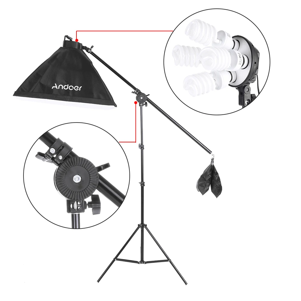 Комплект Andoer для фотостудии с фианитами, 3 софтбокса+ 2 лампы 45 Вт+ 3 гнезда для лампы+ 3 подставки под светильник+ консольная палка+ Фон+ подставка