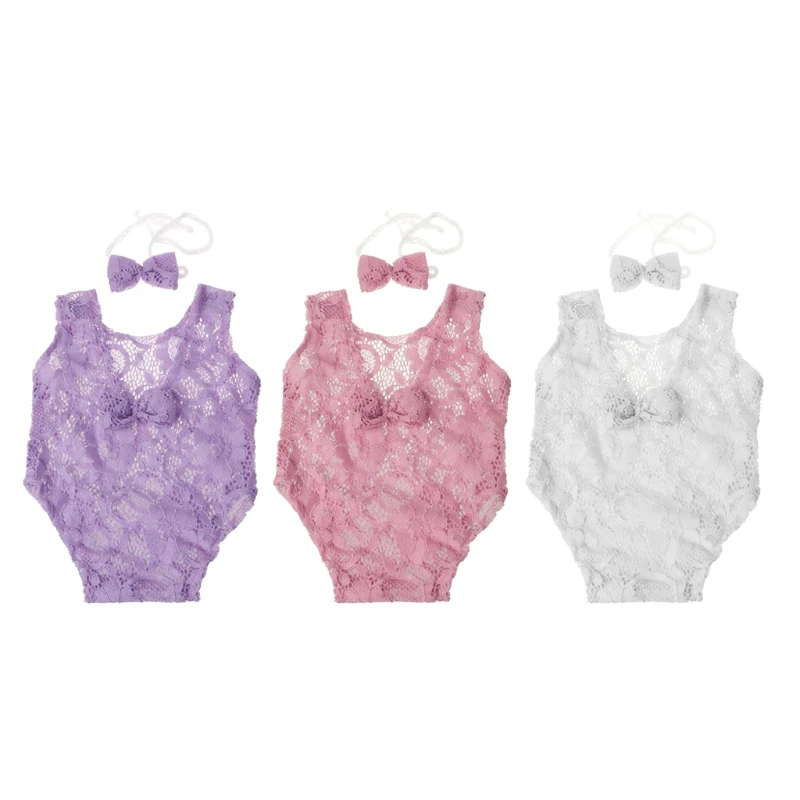 

For memory Baby Photography Props Backless Hollow Bowknot Lace Romper Newborn Girls Outfit