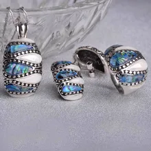 Vintage Sistemas de La Joyería Para Las Mujeres de Plata Antiguo Plateado Cuadrado Concha de Abulón Natural Piedra Esmalte Collar y Aretes y Anillo Conjunto Bijoux