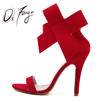 

DRFARGO Fashion women's shoes pointed toe big bowtie thin heels high heels sandals shoes female wedding shoes red blue green