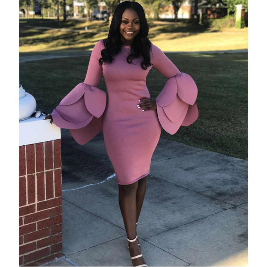 

Sale HIGH QUALITY New Fashion 2019 Designer Runway Dress Women's Flare Sleeve Ruffle Bodycon Dress Club Party Vestidos