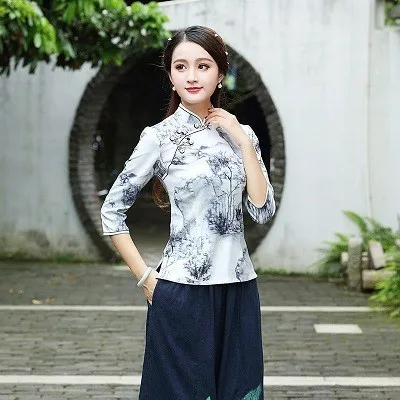 Китайские рубашки с изображением горных чернил, эластичные Топы Ципао, женский весенний эластичный костюм с рукавом «Семь четверти» и принтом - Цвет: Mountain Ink
