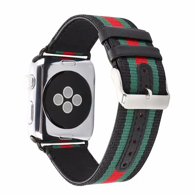 

GOOSUU 38/42mm Woven Striped Canvas Casual Brand Watch Band Strap Genuine Leather Belt for Apple Watch iwatch