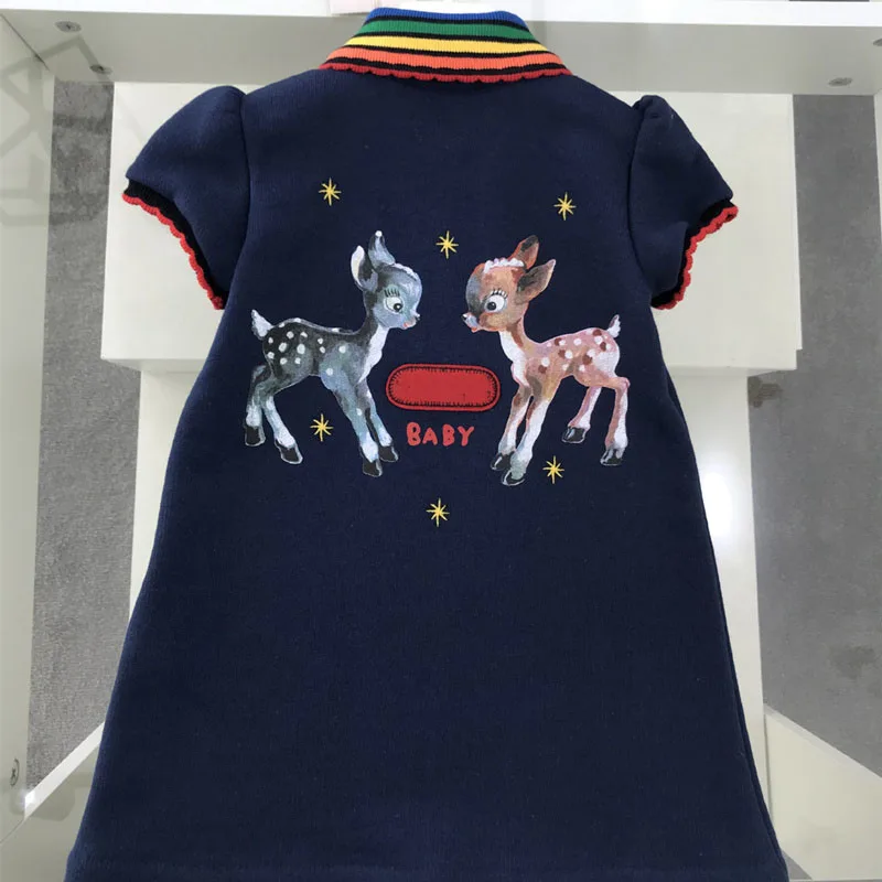 

2019 New Fashion Summer Blue Dress Baby Girls Dress Animal Elk Design Infant Baby Girls Boutique Dresses Colorful Rainbow Collar