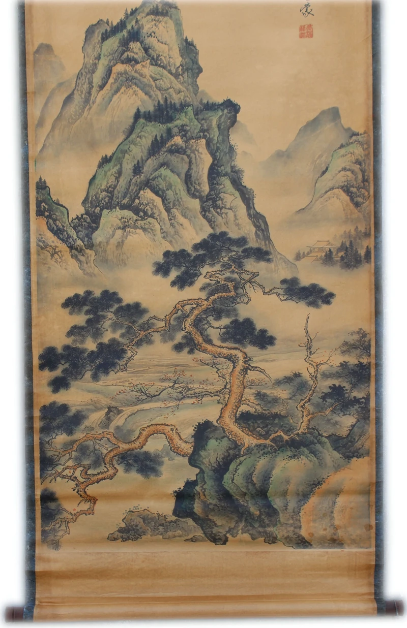 

Hand-painted Chinese paintings, long axis of Landscape pine tree painting, the ancient Chinese fairy collection