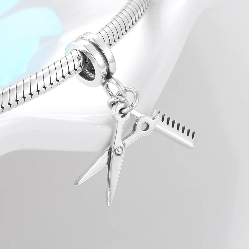 Модные 925 пробы Серебристые парикмахерские инструменты ножницы и расческа из бисера подходят к оригинальному браслету Pandora