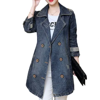 

2020 Autumn New Cowboy Windbreaker Coat Women Korean Slim Long Section Denim Trench Coats Womens Casual Splice Overcoat 5XL E063