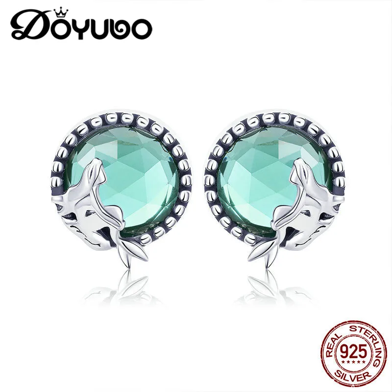 

DOYUBO Vintage Women's 925 Sterling Silver Mermaid Earrings 8MM Round Green Cubic Zirconia Stud Earrings Fashion Jewelry AFF029