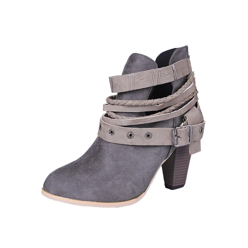 

2018 autumn new European and American large size thick with back zipper belt buckle women's boots gray 1119